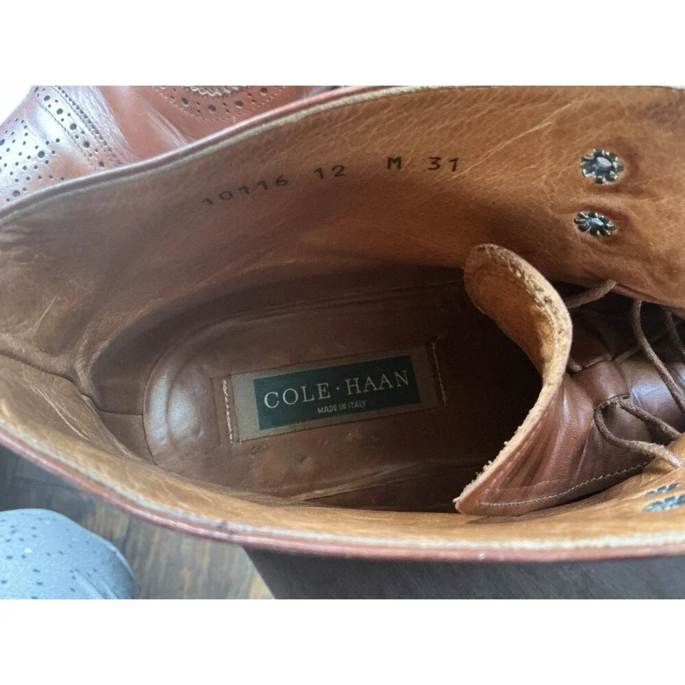 Vintage Cole Haan 10116 Italy Mens 12 M Brown Leather Wingtip Brogue Dress Boots - Picture 7 of 7